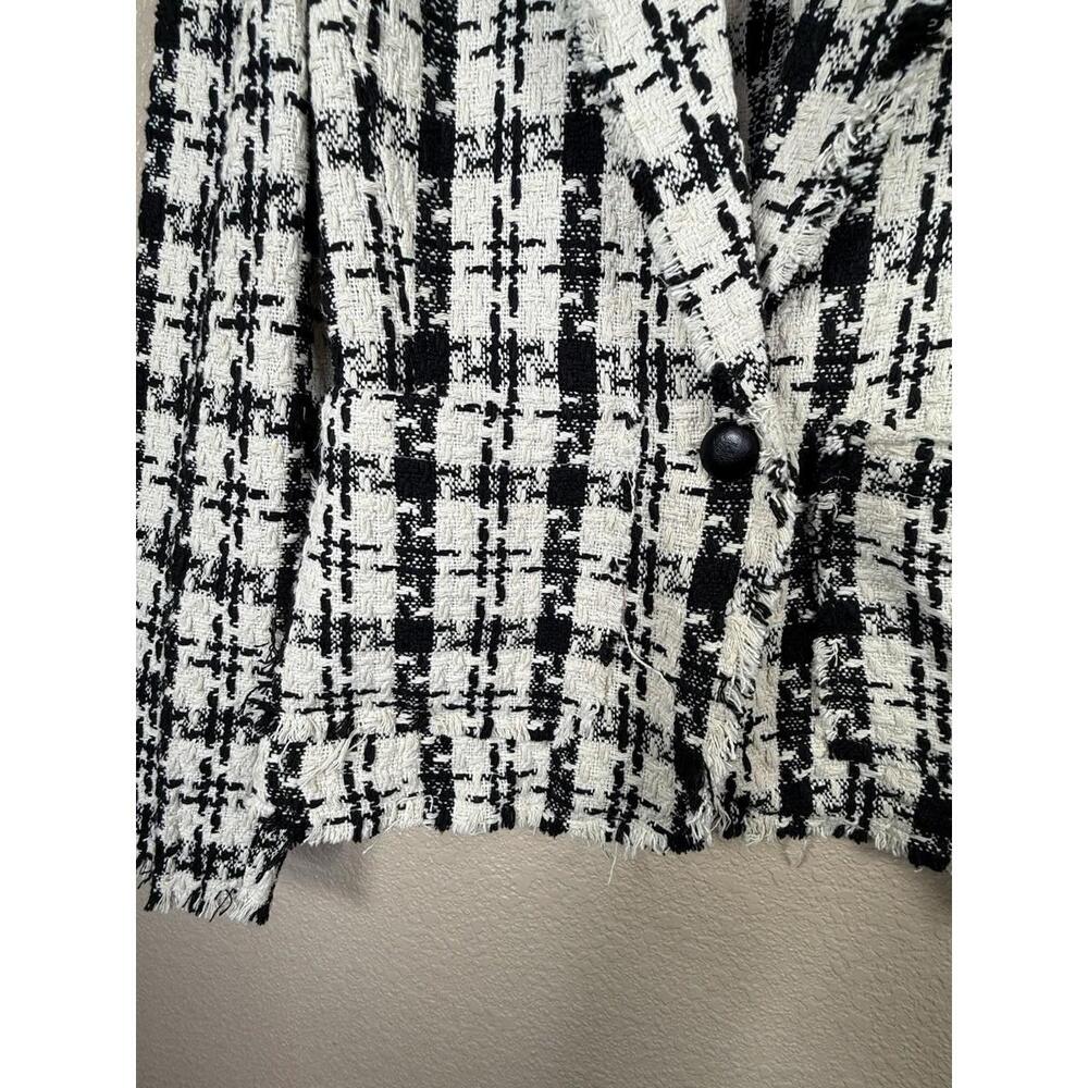 Aqua Womens  Black & Ivory Tweed Sz Xs Puff Sleeve Plaid  One‎ Button Blazer
